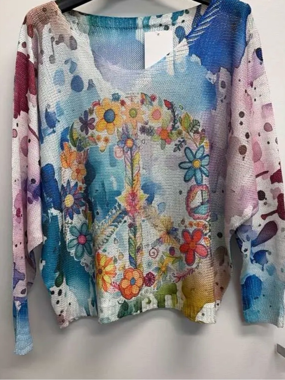 Italian Printed Boho Floral Peace Sign Lightweight Sweater